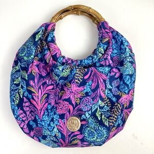 Lilly Pulitzer NWOT Bamboo Handle Resortwear Purse Bag Aegean Navy Calypso Coast